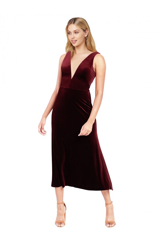 Costas em V Borgonha Linha A Decote V Comprimento Midi Vestidos de Madrinha / Vestidos de Festa / Vestidos de Cocktail / Vestidos de Homecoming Acessíveis