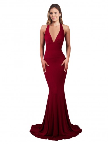 Abrir de volta Borgonha Sereia Decote V Comprimento Chão Vermelho Vestidos de Madrinha / Vestidos de Noite / Vestidos de Festa Acessíveis