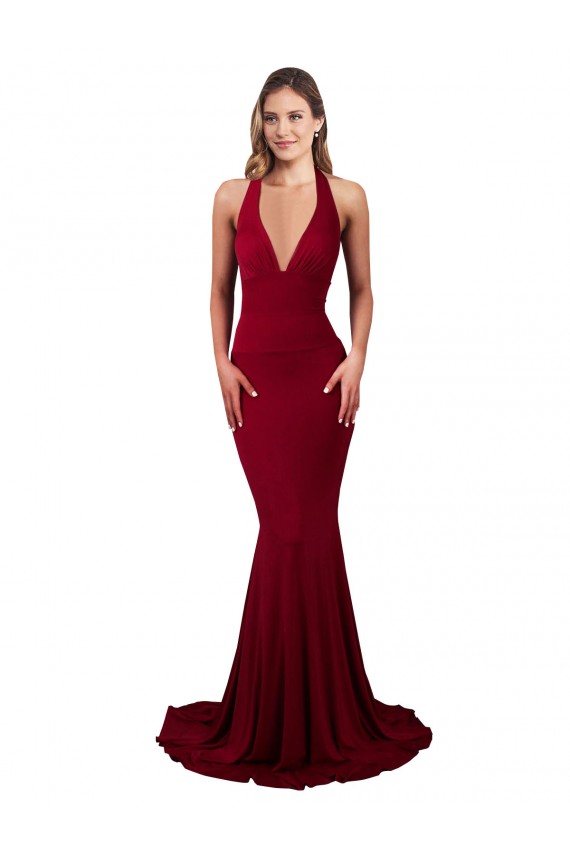 Abrir de volta Borgonha Sereia Decote V Comprimento Chão Vermelho Vestidos de Madrinha / Vestidos de Noite / Vestidos de Festa Acessíveis
