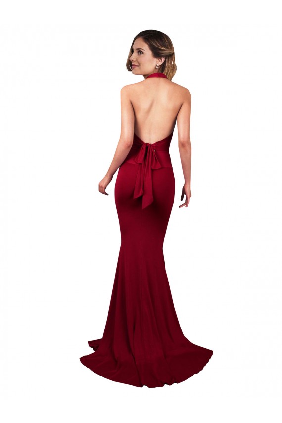 Abrir de volta Borgonha Sereia Decote V Comprimento Chão Vermelho Vestidos de Madrinha / Vestidos de Noite / Vestidos de Festa Acessíveis