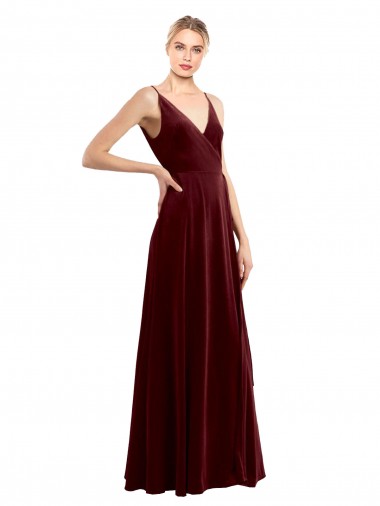Costas em V Borgonha Linha A Decote V Comprimento Chão Vermelho Vestidos de Madrinha / Vestidos de Noite / Vestidos de Festa Acessíveis
