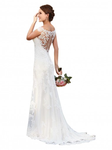 Branco Bainha Decote Ilusão Comboio Capela Vestidos de Noiva Acessíveis