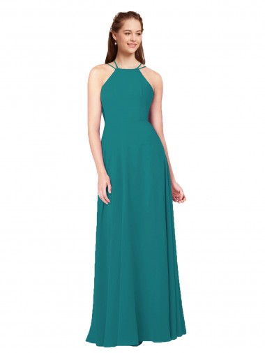 Criss Cruz Caçador Verde Bainha Decote Alto Comprimento Chão Vestidos de Madrinha Acessíveis