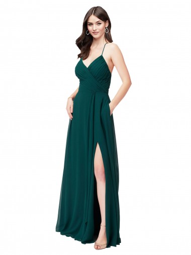 Criss Cruz Caçador Verde Linha A Decote V Comprimento Chão Vestidos de Madrinha Acessíveis