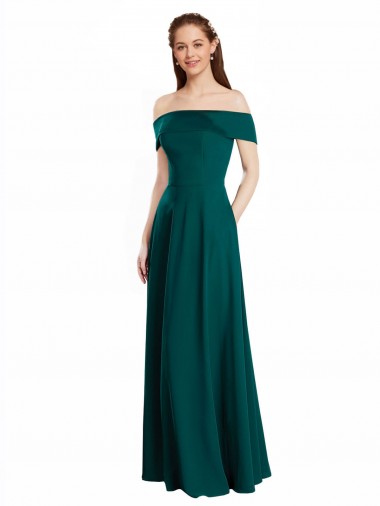 Caçador Verde Linha A Fora do Ombro Comprimento Chão Vestidos de Madrinha Acessíveis