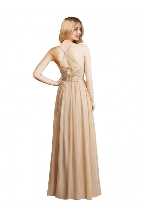Criss Cruz Champanhe Linha A Amor Comprimento Chão Vestidos de Madrinha Acessíveis