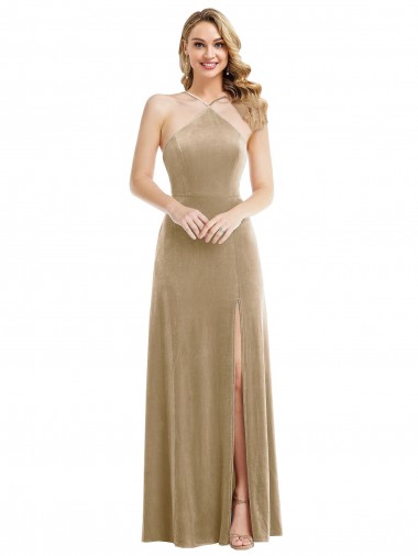 Abrir de volta Champanhe Linha A Decote Alto Comprimento Chão Vestidos de Madrinha / Vestidos de Festa Acessíveis