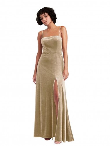Lombar Champanhe Linha A Decote Quadrado Comprimento Chão Vestidos de Madrinha / Vestidos de Noite / Vestidos de Festa Acessíveis