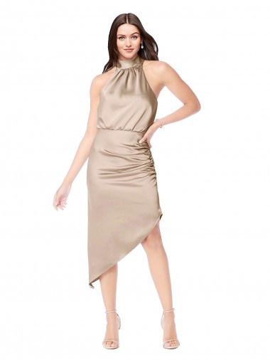 Champanhe Rosa Linha A Cabeçada Alto Baixo Vestidos de Madrinha / Vestidos de Festa / Vestidos de Cocktail / Vestidos de Homecoming Acessíveis