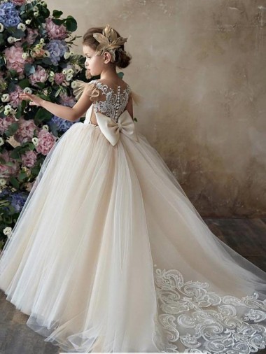 Champanhe Vestido de Baile Amor Comboio Capela Vestidos para Meninas de Flores Acessíveis