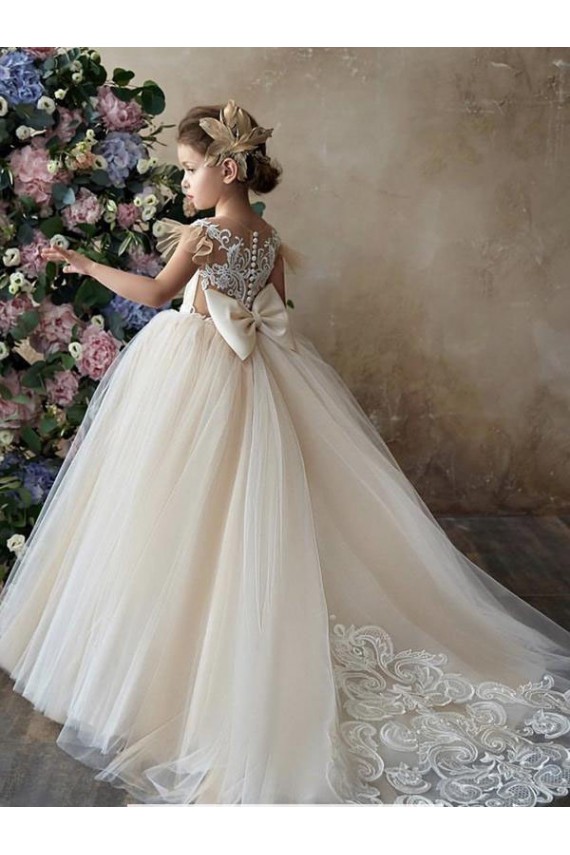 Champanhe Vestido de Baile Amor Comboio Capela Vestidos para Meninas de Flores Acessíveis