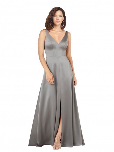 Cinza Pérola Linha A Decote V Comprimento Chão Vestidos de Madrinha / Vestidos de Noite / Vestidos de Festa Acessíveis