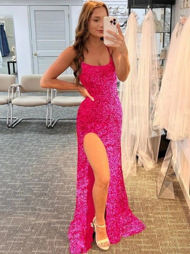 Fúcsia Bainha Alças finas Comboio Varredela Vestidos de Festa Acessíveis