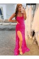 Fúcsia Bainha Alças finas Comboio Varredela Vestidos de Festa Acessíveis