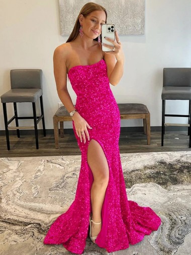 Fúcsia Bainha Sem alças Comboio Varredela Vestidos de Festa Acessíveis