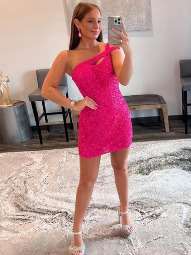 Fúcsia Bainha Um Ombro Curto Vestidos de Festa Acessíveis