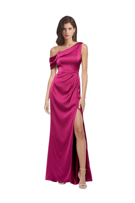 Fúcsia Linha A Um Ombro Comprimento Chão Vestidos de Madrinha / Vestidos de Noite / Vestidos de Festa Acessíveis