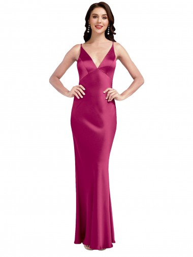 Lombar Fúcsia Linha A Decote V Comprimento Chão Longo Vestidos de Madrinha / Vestidos de Noite / Vestidos de Festa Acessíveis