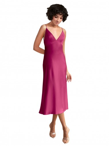 Lombar Fúcsia Linha A Decote V Comprimento Midi Vestidos de Madrinha / Vestidos de Noite / Vestidos de Festa Acessíveis
