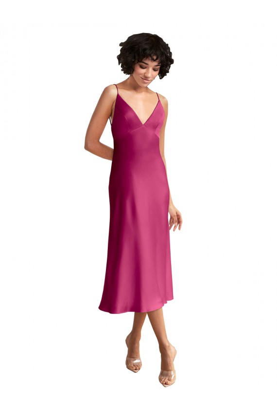 Lombar Fúcsia Linha A Decote V Comprimento Midi Vestidos de Madrinha / Vestidos de Noite / Vestidos de Festa Acessíveis