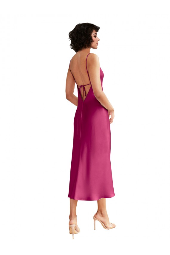 Lombar Fúcsia Linha A Decote V Comprimento Midi Vestidos de Madrinha / Vestidos de Noite / Vestidos de Festa Acessíveis