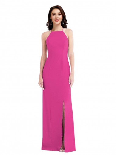 Abrir de volta Fúcsia Trombeta Decote Alto Comprimento Chão Vestidos de Madrinha / Vestidos de Noite / Vestidos de Festa Acessíveis