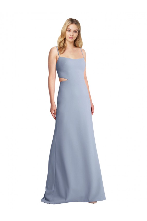 Abrir de volta Fumo Azul Linha A Colher Comprimento Chão Vestidos de Madrinha / Vestidos de Festa Acessíveis
