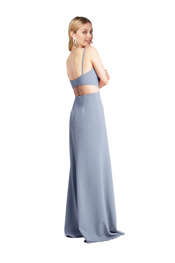 Abrir de volta Fumo Azul Linha A Colher Comprimento Chão Vestidos de Madrinha / Vestidos de Festa Acessíveis