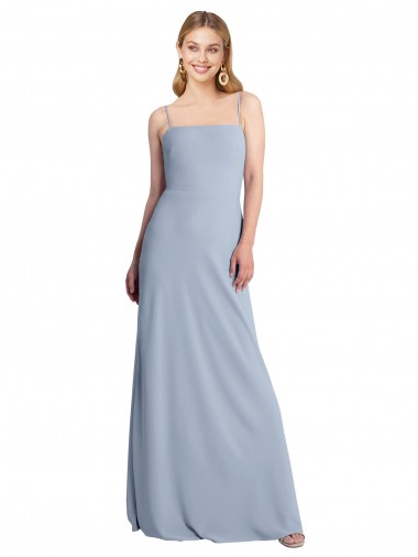 Criss Cruz Fumo Azul Linha A Decote Quadrado Comprimento Chão Vestidos de Madrinha / Vestidos de Festa Acessíveis