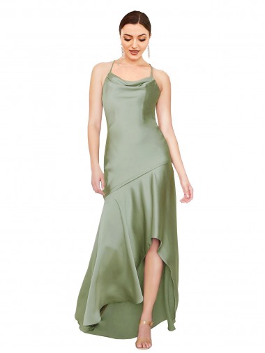 Criss Cruz Fumo Verde Linha A Decote Capuz Alto Baixo Vestidos de Madrinha / Vestidos de Noite / Vestidos de Festa Acessíveis
