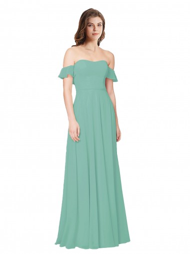 Abrir de volta Jade Linha A Fora do Ombro Comprimento Chão Vestidos de Madrinha Acessíveis