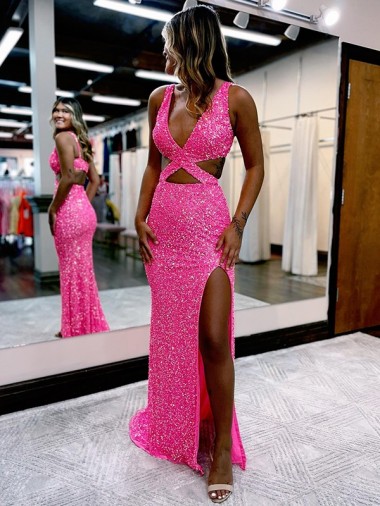 Bainha Decote V Comboio Varredela Vestido de Festa / Vestido de Madrinha Acessíveis