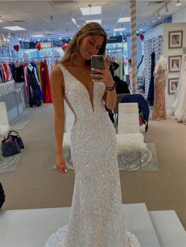 Bainha Decote V Comboio Varredela Vestidos de Festa Acessíveis