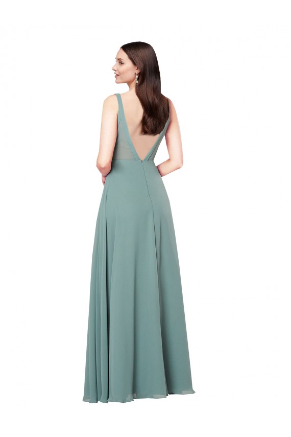 Costas em V Lavanda Escura Bainha Decote V Comprimento Chão Vestidos de Madrinha / Vestidos de Noite Acessíveis