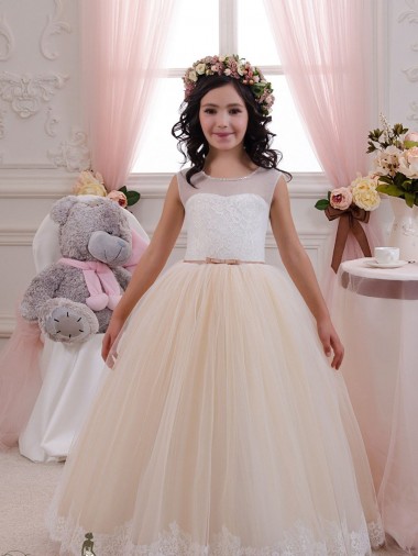 Marfim & Champanhe Vestido de Baile Amor Comprimento Chão Vestidos para Meninas de Flores Acessíveis