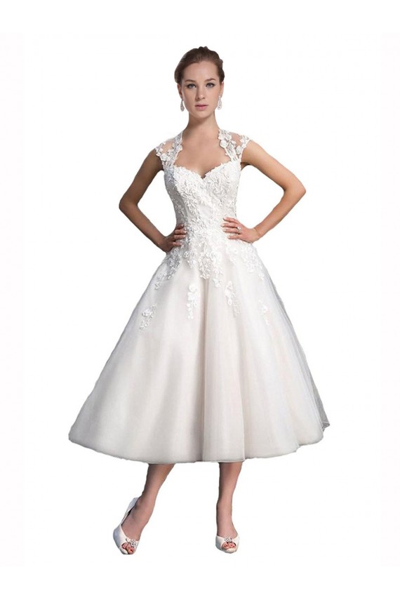 Marfim Linha A Amor Comprimento Chá Vestidos de Noiva Acessíveis