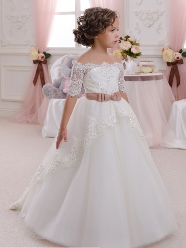 Buraco da fechadura Marfim Vestido de Baile Decote Alto Comprimento Chão Vestidos para Meninas de Flores Acessíveis
