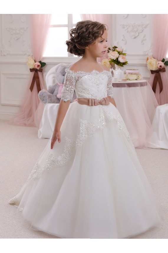 Buraco da fechadura Marfim Vestido de Baile Decote Alto Comprimento Chão Vestidos para Meninas de Flores Acessíveis