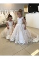 Costas em V Marfim Vestido de Baile Barco Comboio Capela Vestidos para Meninas de Flores Acessíveis