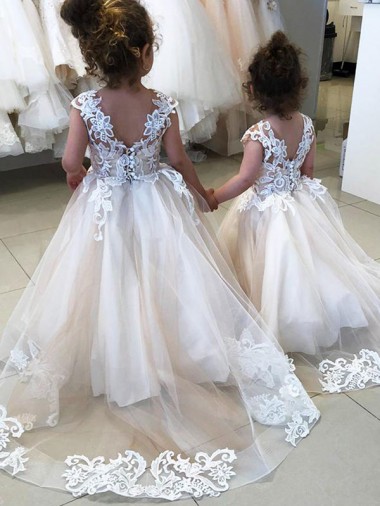 Costas em V Marfim Vestido de Baile Barco Comboio Capela Vestidos para Meninas de Flores Acessíveis