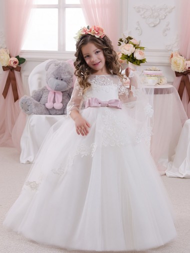 Marfim Vestido de Baile Barco Comboio Capela Longo Vestidos para Meninas de Flores Acessíveis