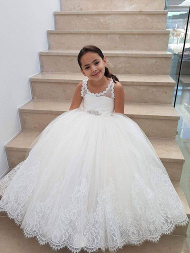 Buraco da fechadura Marfim Vestido de Baile Decote Alto Comprimento Chão Longo Vestidos para Meninas de Flores Acessíveis