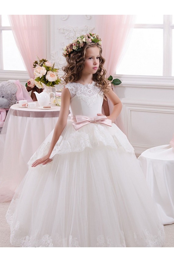 Costas em V Marfim Vestido de Baile Amor Comboio Capela Vestidos para Meninas de Flores Acessíveis
