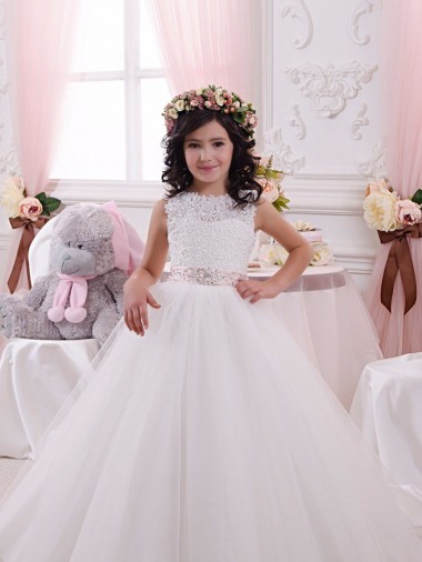 Costas em V Marfim Vestido de Baile Barco Comboio Capela Longo Vestidos para Meninas de Flores Acessíveis