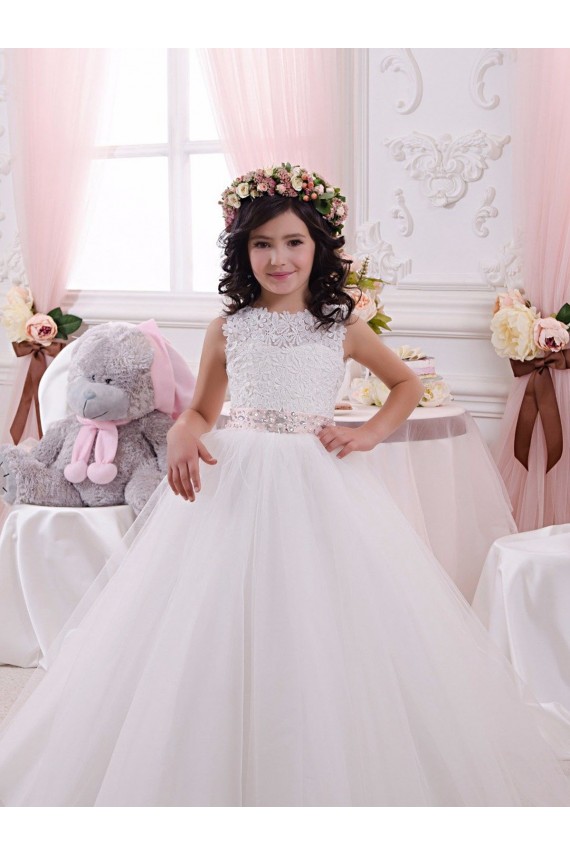 Costas em V Marfim Vestido de Baile Barco Comboio Capela Longo Vestidos para Meninas de Flores Acessíveis