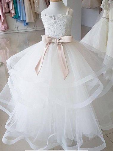 Marfim Vestido de Baile Decote Alto Comprimento Chão Vestidos para Meninas de Flores Acessíveis