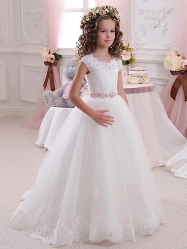 Buraco da fechadura Marfim Vestido de Baile Decote Alto Comprimento Chão Mangas Curtas Vestidos para Meninas de Flores Acessíveis