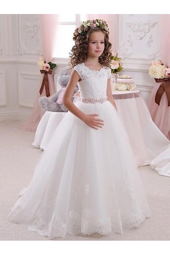 Buraco da fechadura Marfim Vestido de Baile Decote Alto Comprimento Chão Mangas Curtas Vestidos para Meninas de Flores Acessíveis