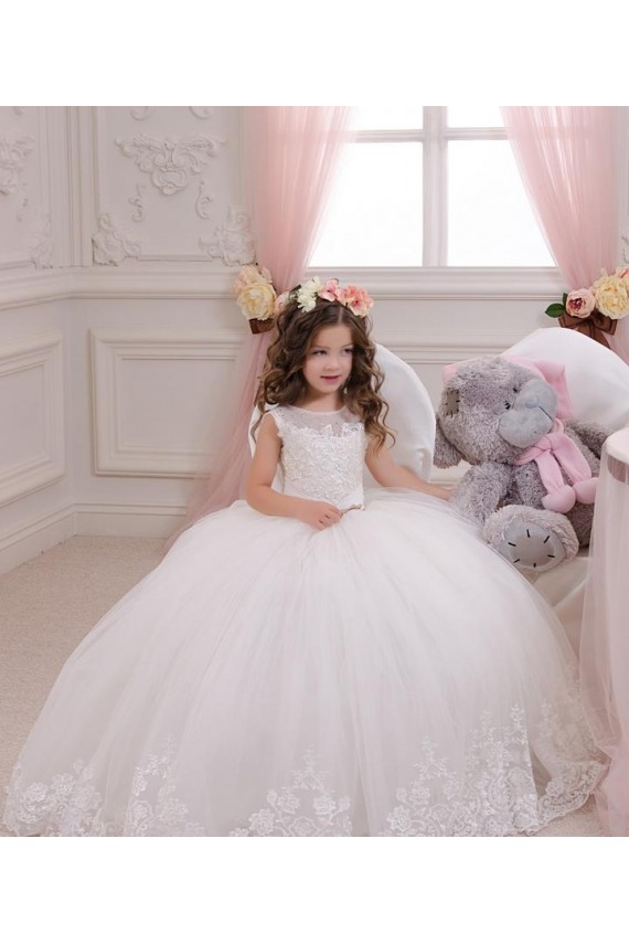 Marfim Vestido de Baile Barco Comboio Capela Sem Mangas Vestidos para Meninas de Flores Acessíveis