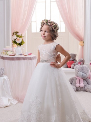 Costas em V Marfim Vestido de Baile Barco Comboio Capela Sem Mangas Vestidos para Meninas de Flores Acessíveis